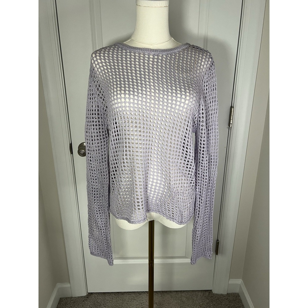 Women's‎ Lavender Open Knit Fish Net Sweater Long Sleeve Boho Beachy Large